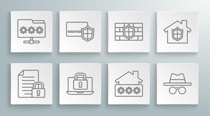 Set line Document and lock, Credit card with shield, Laptop, House password, Incognito mode, Shield brick wall, under protection and Folder icon. Vector