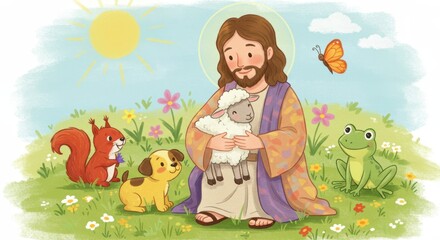 Obraz premium Peaceful nature scene with loving figure embracing lamb surrounded by animals and flowers