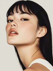 Naklejka premium Portrait of Young Woman with Freckles and Black Hair