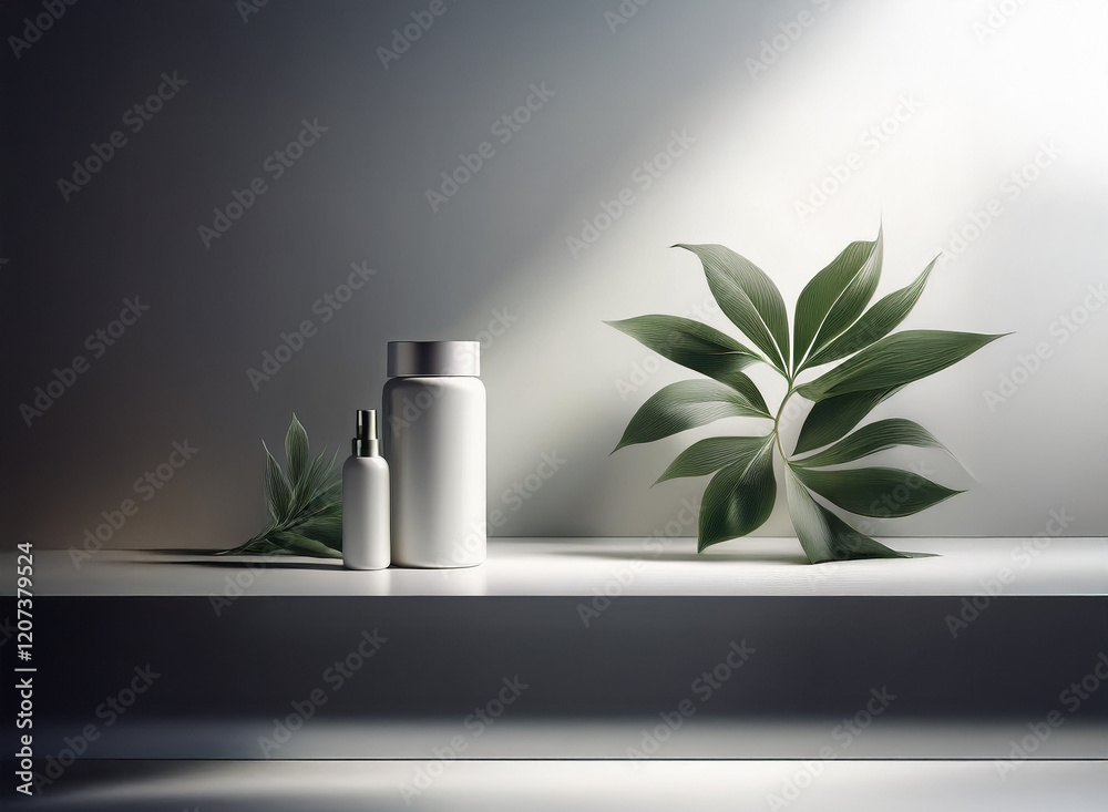 Aufkleber clean, minimalist product display. white cosmetic containers sit on a shelf beside lush green leaves