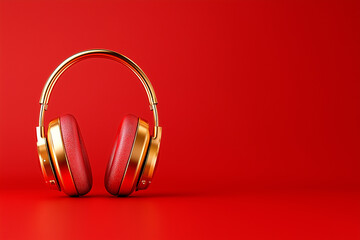 Red Leather and Gold Headphones on Red Background