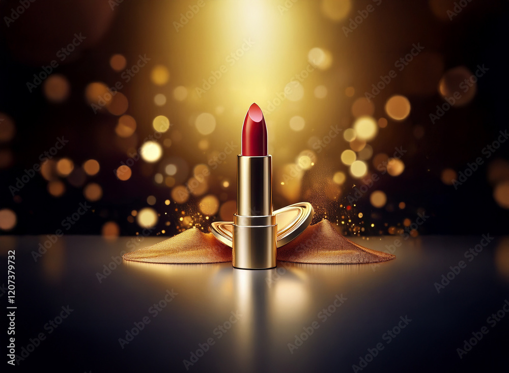 Poster luxurious red lipstick in gold casing, resting on a shimmering gold surface. a glamorous, dramatic p