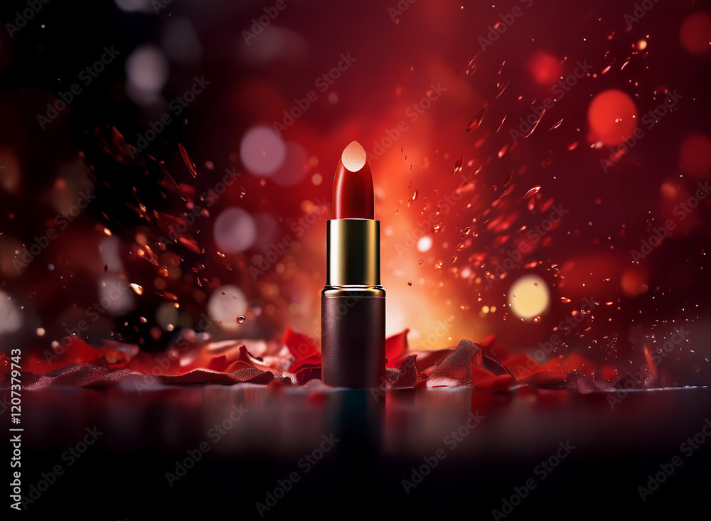 Poster A single red lipstick stands amidst scattered red petals and a fiery, bokeh-filled background.  The scene is dramatic and luxurious, emphasizing the lipstick's rich color.