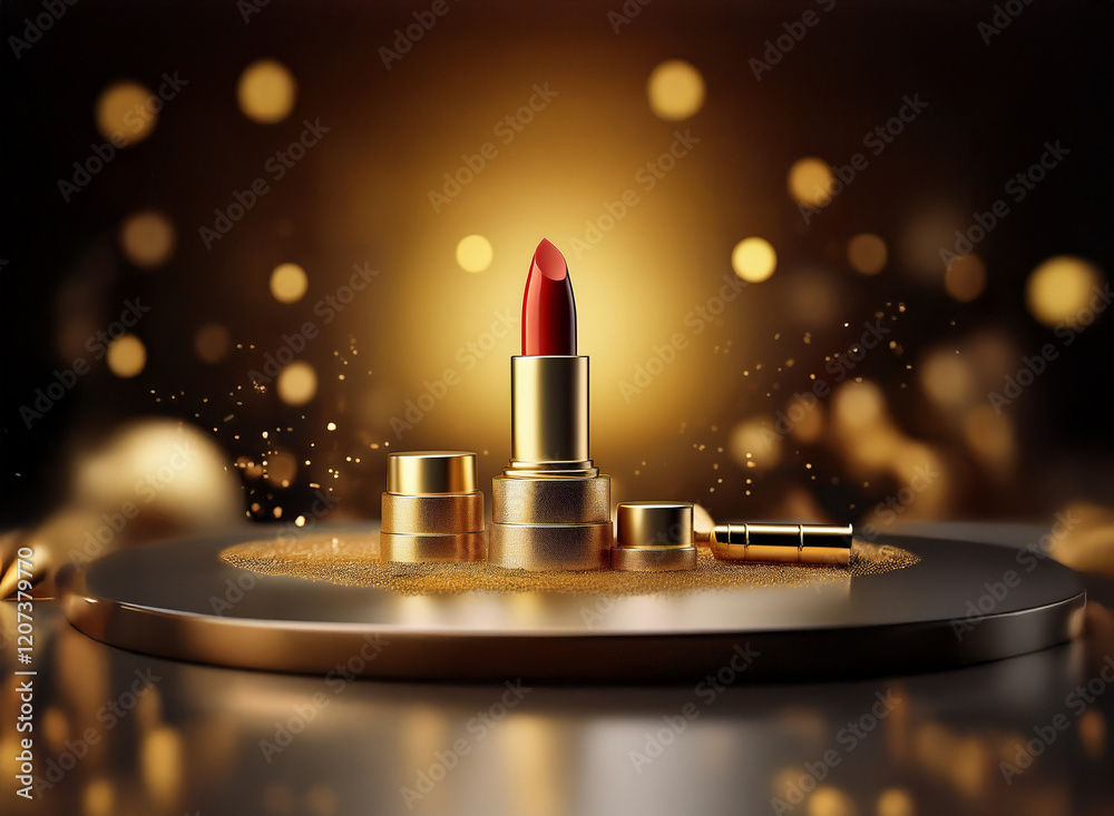 Poster a luxurious red lipstick in a gold case sits on a golden platform, surrounded by sparkling golden bo