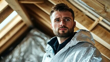 A builder in a protective suit installing mineral wool on the roof of an attic, looking at the camera with a friendly expression, highlighting his expertise.
