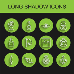 Set line Pirate sword, eye patch, Location pirate, Compass, Anchor, flag, Lifebuoy and Antique treasure chest icon. Vector