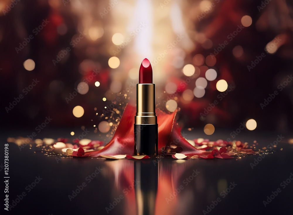 Poster a single tube of dark red lipstick stands elegantly on a dark surface amidst scattered gold and red 