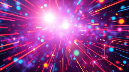 Naklejka premium A vibrant digital background in futuristic sci-fi style, featuring bright lens flares, light streaks, and space elements. The aesthetic is one of advanced technology