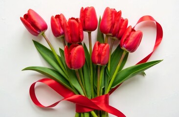 Fototapeta premium Red tulips and the number 8. The layout of the postcard for International Women's Day