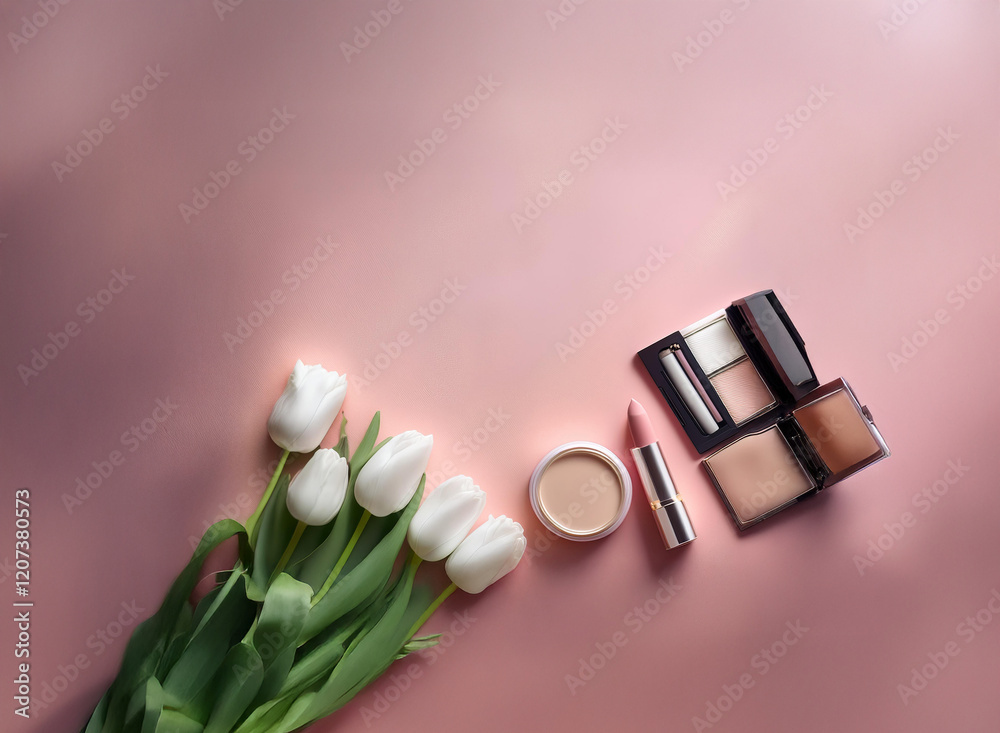 Poster elegant flat lay featuring a bouquet of white tulips and an assortment of makeup products on a soft 