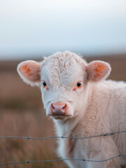 Obraz premium White Calf Behind Wire Fence in Pasture