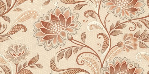 Floral pattern in beige and brown tones with intricate swirls and leaves