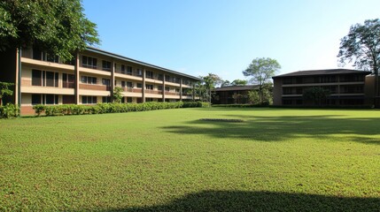 Fototapeta premium Lush green lawn between two multi-story buildings on a sunny day.