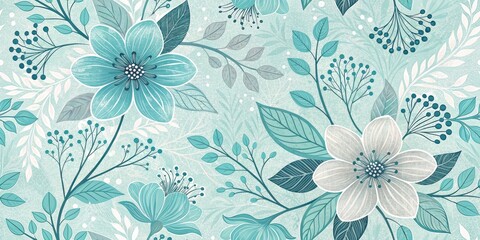 Elegant teal floral pattern with intricate leaves and blossoms on subtle background