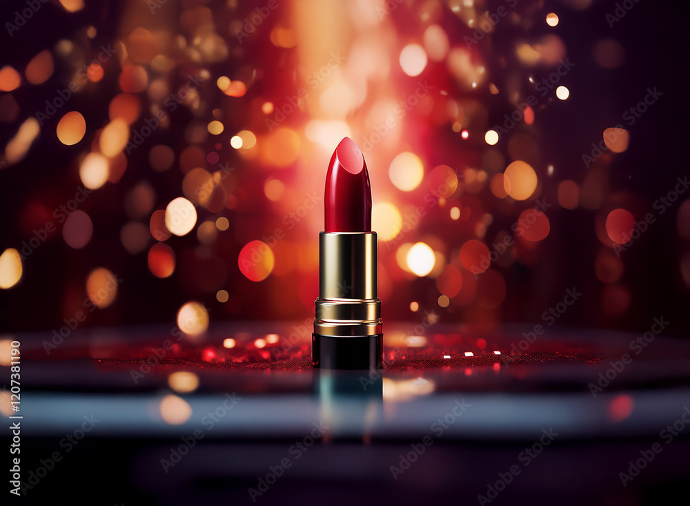 Poster a single red lipstick stands elegantly on a reflective surface, surrounded by a warm, sparkling boke
