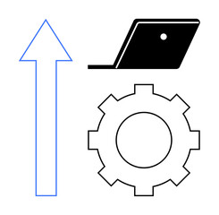 Blue arrow points upwards next to a black laptop and an outlined gear. Ideal for growth, technology, productivity, innovation, technical support, forward movement, and efficiency concepts. Abstract