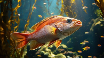 Fototapeta premium Close-up of a female sheephead fish (Semicossyphus pulcher) resting near the kelp forest floor, surrounded by small colorful reef fish and sunlight filtering through the kelp canopy,