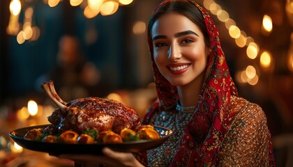 Naklejka premium Woman in Red Presents Roasted Festive Turkey Dish