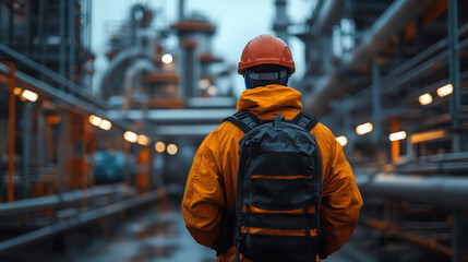 An engineer in protective clothing and a hard hat stands in an industrial area inspecting pipes and equipment.
