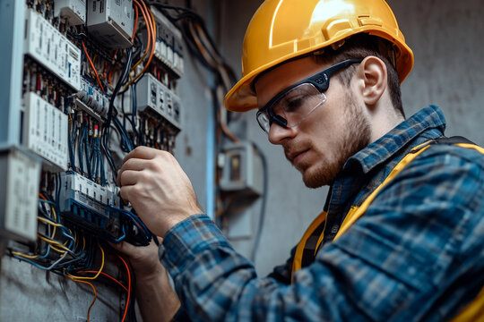 Close-up shot of an electrician carefully repairing wiring and electrical equipment generative ai image