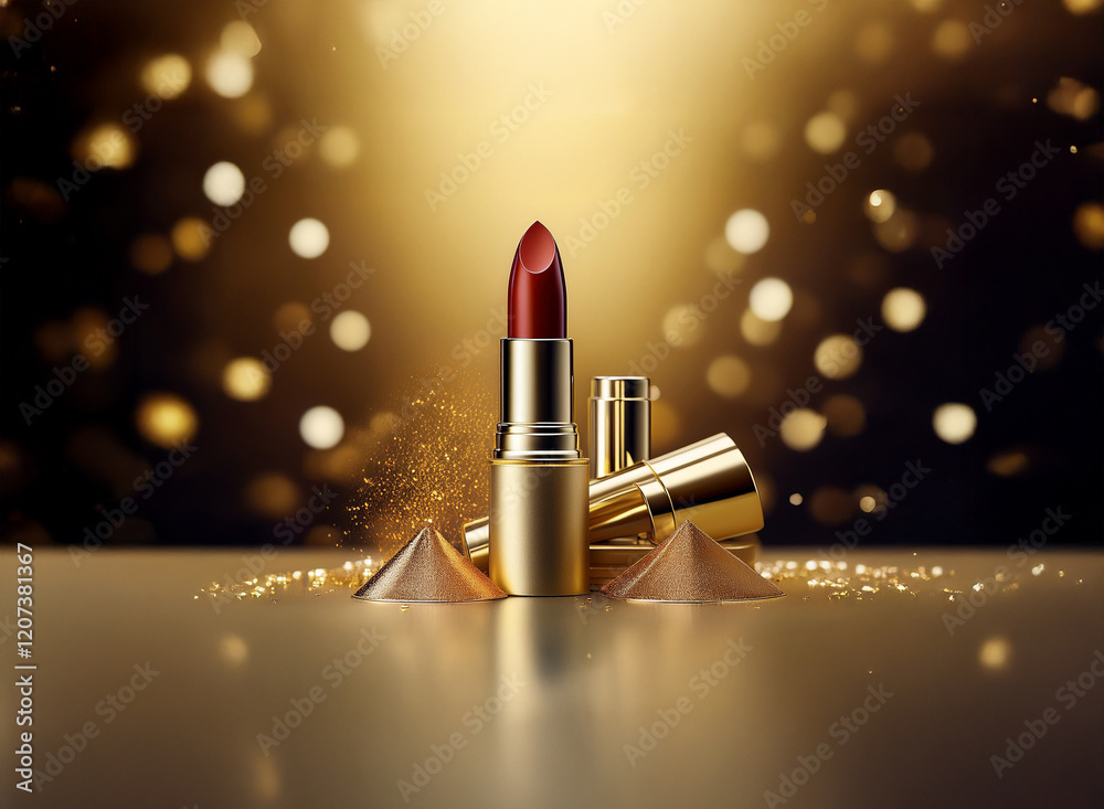 Poster Luxurious red lipstick with gold casing, elegantly displayed on a golden surface with sparkling bokeh background.  Geometric shapes add modern flair.