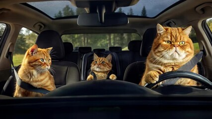 A family of three cute ginger cats driving in a car. Father cat at the steering wheel, mother in the passenger seat. Kitten sitting in the back. Funny, chubby pet family on a travel road trip vacation