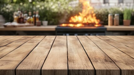 Warm summer backyard barbecue with flaming grill and wooden table