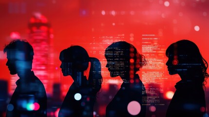 Silhouetted figures against a vibrant red background with digital elements, suggesting themes of technology and modernity.