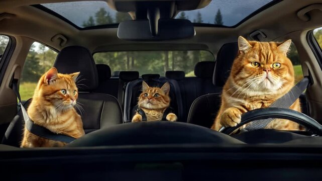 A family of three cute ginger cats driving in a car. Father cat at the steering wheel, mother in the passenger seat. Kitten sitting in the back. Funny, chubby pet family on a travel road trip vacation