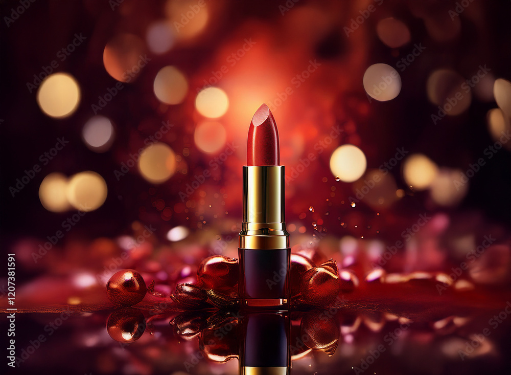 Poster A single red lipstick stands elegantly amidst a bokeh of warm lights and scattered red ornaments, reflecting on a glossy surface.  The rich color and luxurious setting create a glamorous, festive mood