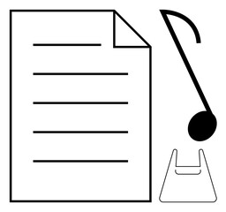 Sheet of lined paper, musical note, and shopping bag. Ideal for education, music industry, shopping trends, sustainability, organization minimalism and creativity. Modern abstract line flat