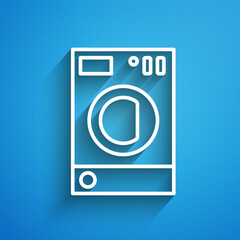 White line Washer icon isolated on blue background. Washing machine icon. Clothes washer - laundry machine. Home appliance symbol. Long shadow. Vector