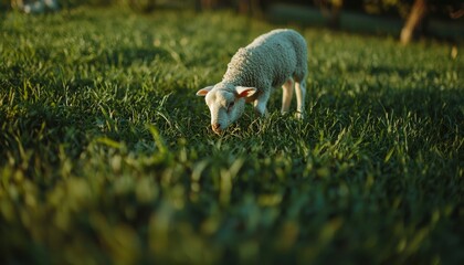 Obraz premium A Young Lamb Grazing in Lush Green Pasture