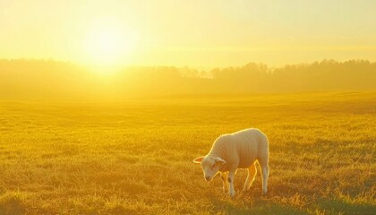 Fototapeta premium Golden Sunrise Lamb Grazing Peaceful Pasture Field