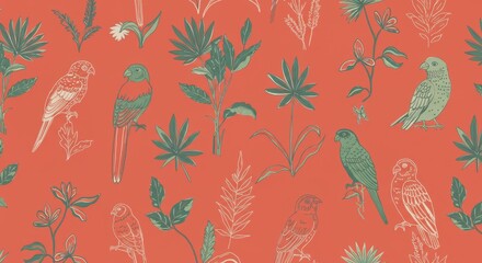 Vibrant tropical pattern with colorful parrots and exotic leaves on orange background