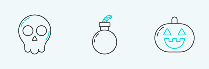 Set line Pumpkin, Skull and Bomb ready to explode icon. Vector