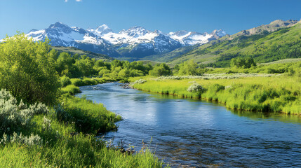 Fototapeta premium Scenic River Flowing Through Lush Green Valley With Snowy Mountains