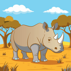 Cartoon rhinoceros standing in the savannah on a sunny day