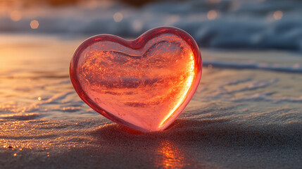 Fototapeta premium A transparent heart-shaped stone lies on the sand on the beach, close-up