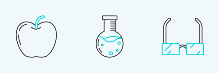 Set line Glasses, Apple and Test tube and flask chemical laboratory icon. Vector