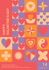Greeting Card Valentine's Day Flyer with geometric icons in retro style. Postcard template with greetings, promotions, prints . Vector