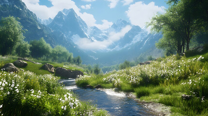 Fototapeta premium Scenic Mountain Landscape with Stream and Wildflowers in Nature