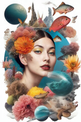 Surreal psychedelic collage with a woman's face and elements of nature, flowers, marine animals, planets on a white background