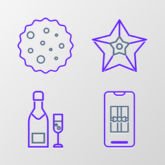 Set line Smartphone with gift box, Champagne bottle and glass of champagne, Christmas star and Cookie or biscuit chocolate icon. Vector