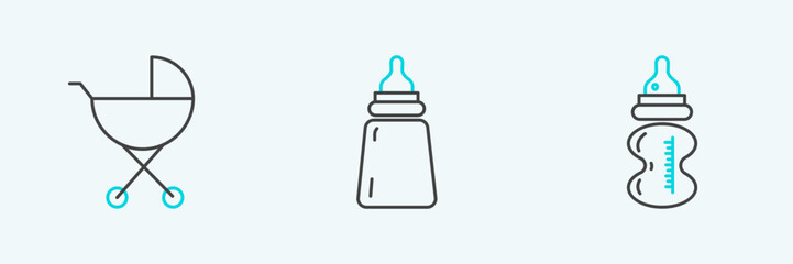 Set line Baby bottle, stroller and icon. Vector