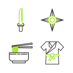 Set line Japanese costume Kimono, Asian noodles in bowl and chopsticks, ninja shuriken and katana icon. Vector