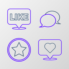 Set line Like and heart, Star, Speech bubble chat and in speech icon. Vector