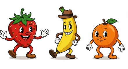 Cheerful cartoon fruits: strawberry, banana, and orange characters with faces and limbs