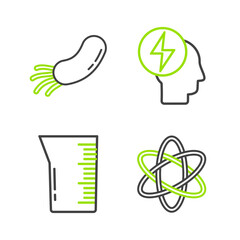 Set line Atom, Laboratory glassware or beaker, Head and electric symbol and Bacteria icon. Vector