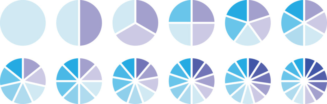 Pie chart set. Circle section graph. Pie chart divided 1,2,3,4,5,6,7,8,9,10,11,12 equal parts. Infographic wheel segment or section parts. Circle division infographic icon set. Vector illustration